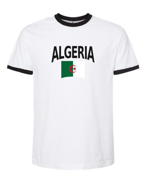 Algeria Soccer Ringer Tee 2026 — Classic Name & Flag | NYC Factory - White/Black