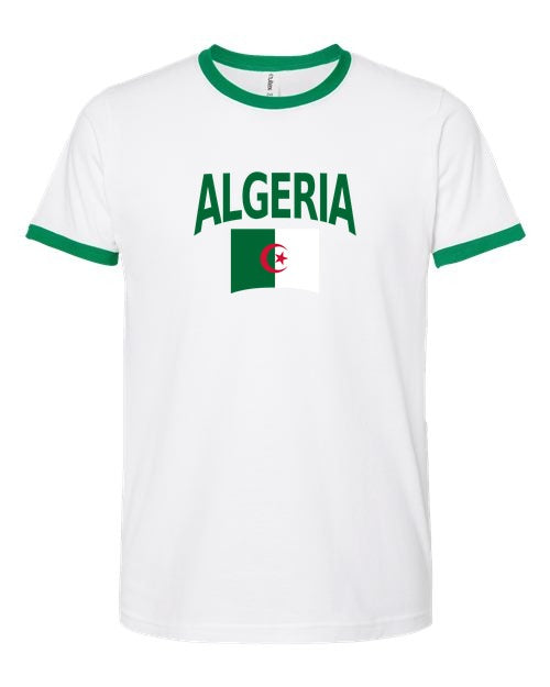 Algeria Soccer Ringer Tee 2026 — Classic Name & Flag | NYC Factory - white_green