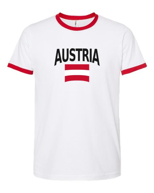 Austria Soccer Ringer Tee 2026 — Classic Name & Flag | NYC Factory - white_red