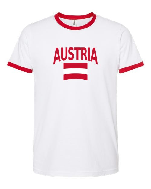 Austria Soccer Ringer Tee 2026 — Classic Name & Flag | NYC Factory - white_red
