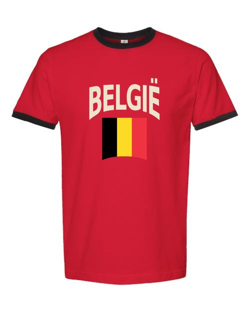 Belgium Soccer Ringer Tee 2026 — Classic Name & Flag | NYC Factory - red_black
