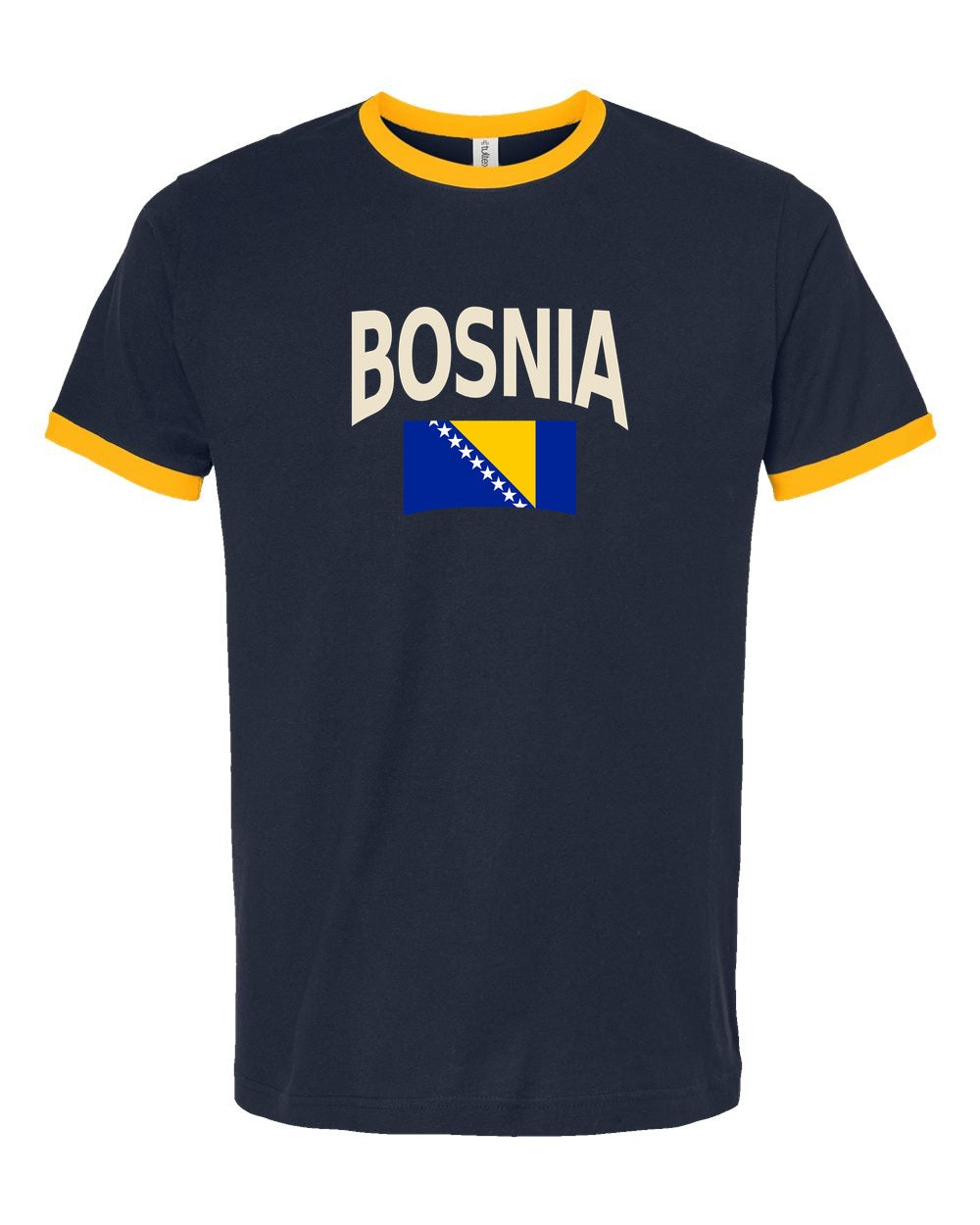 Bosnia and Herzegovina Soccer Ringer Tee 2026 — Classic Name & Flag | NYC Factory - navy_gold