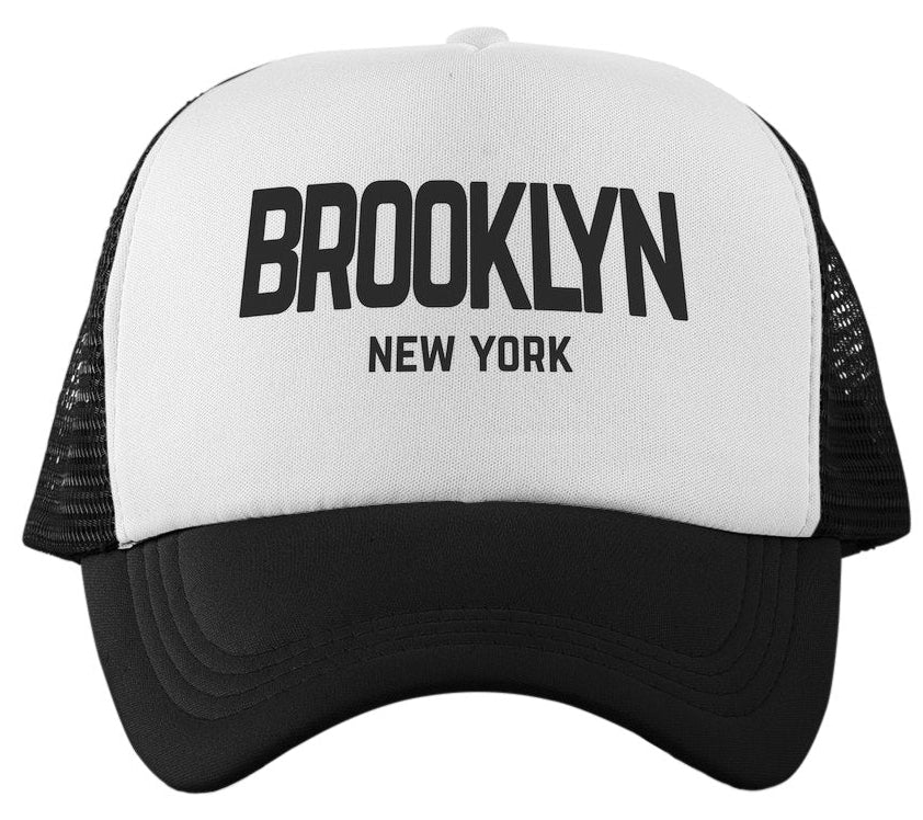 Black and white cap with 'Brooklyn New York' text on a white background