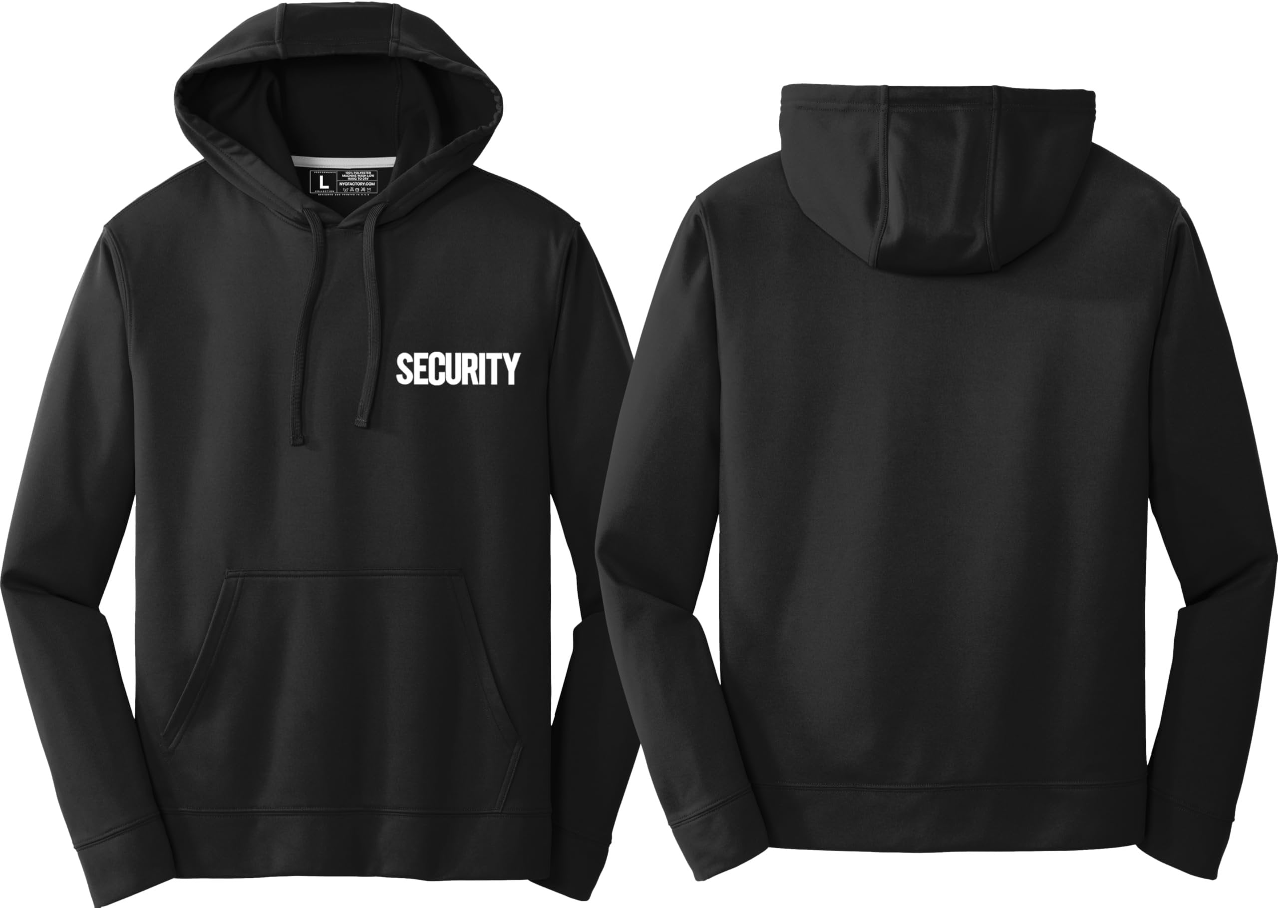 Black hoodie with 'SECURITY' text on the front chest, shown from front and back views.