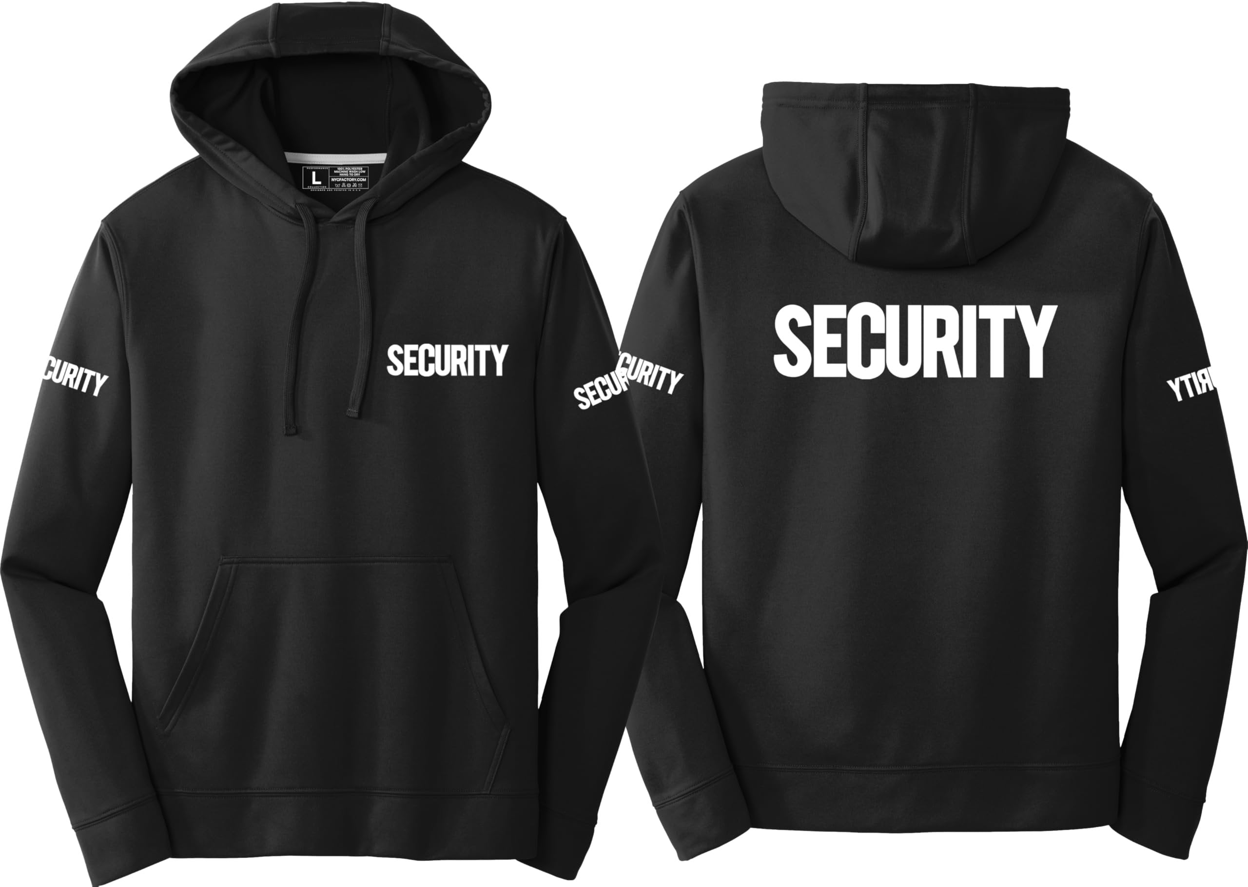Black hoodie with 'SECURITY' printed on front and back and sleeves