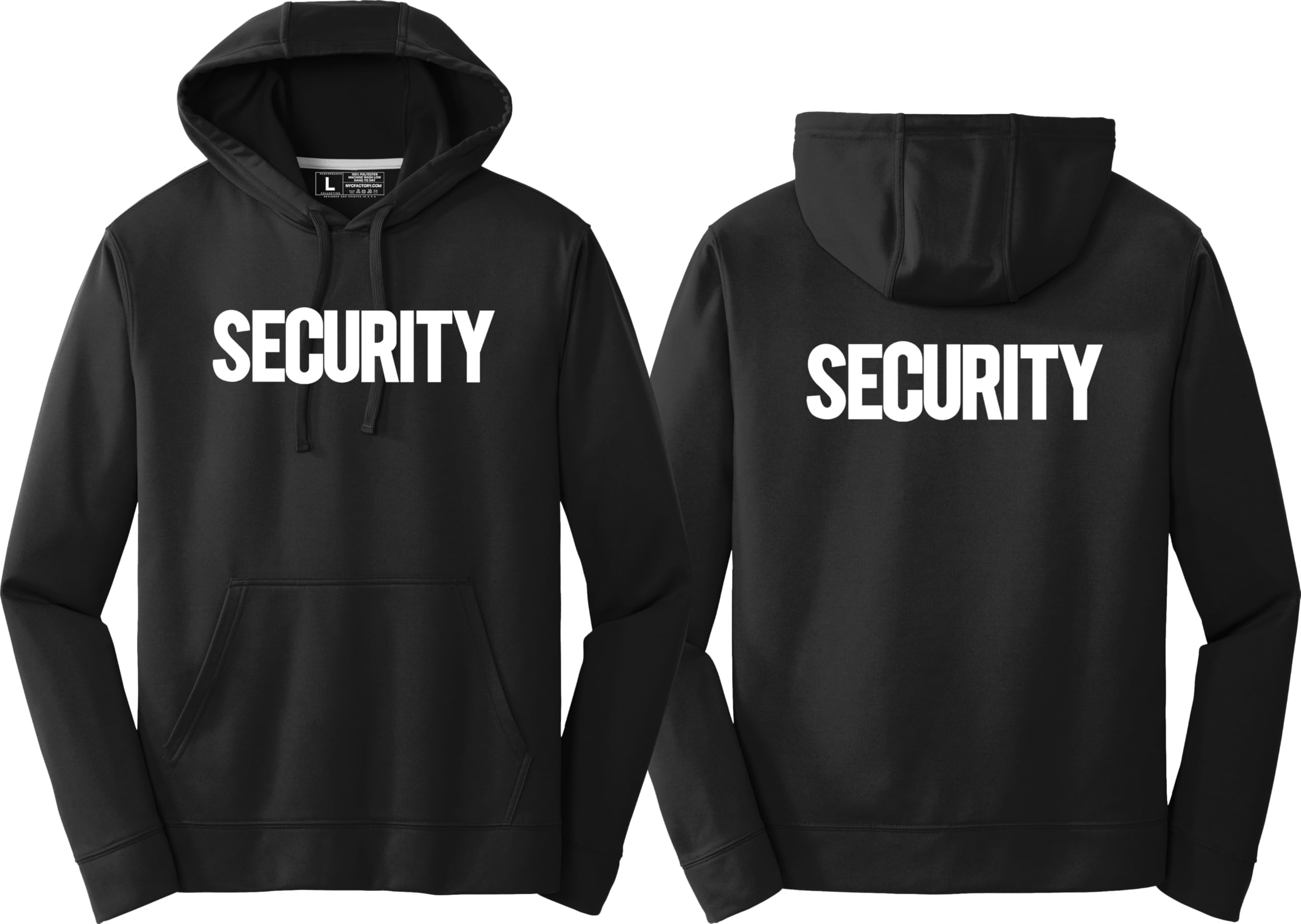 Black hoodie with 'SECURITY' printed on the front and back