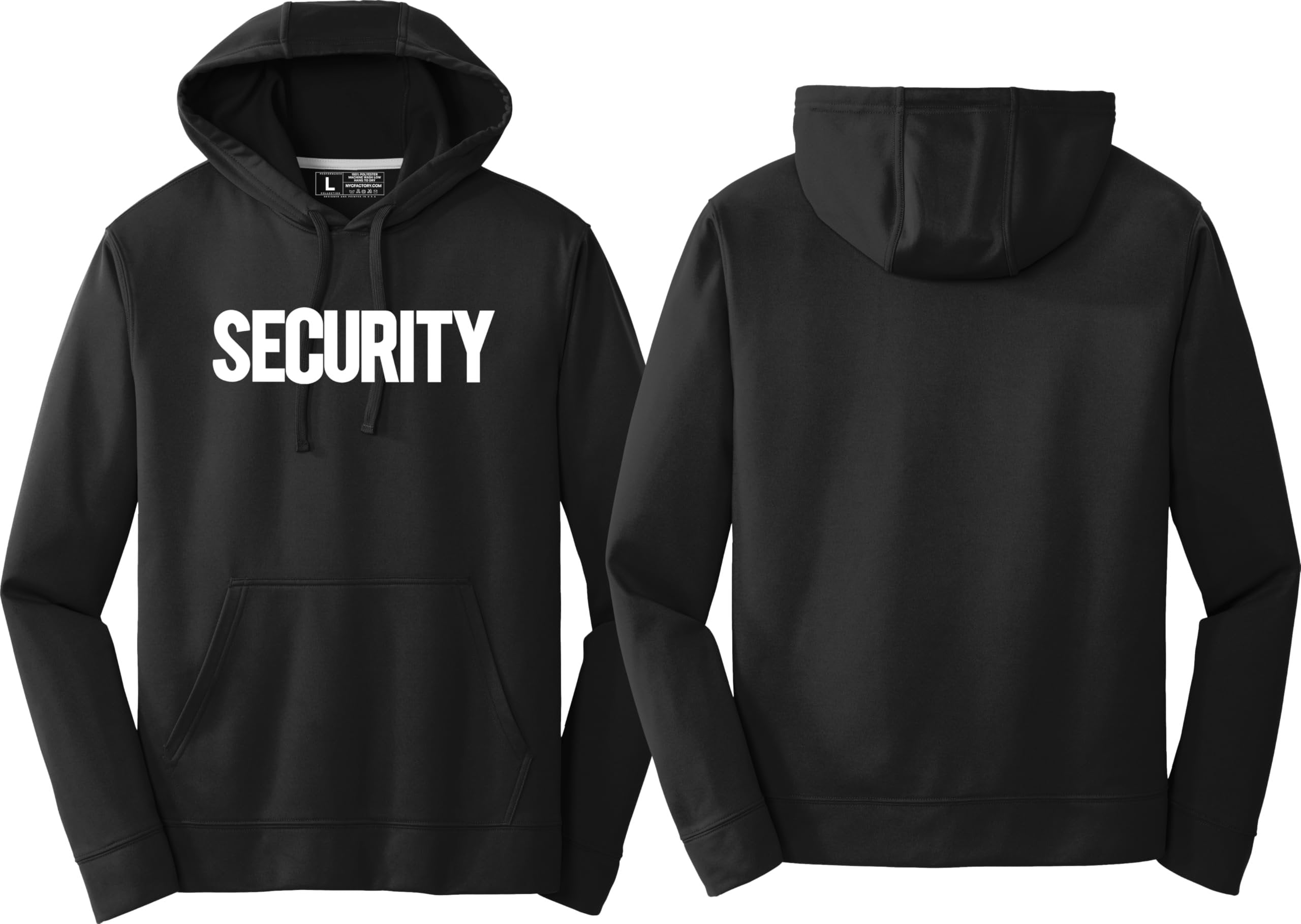 Black hoodie with 'SECURITY' printed on the front, shown from front and back views.