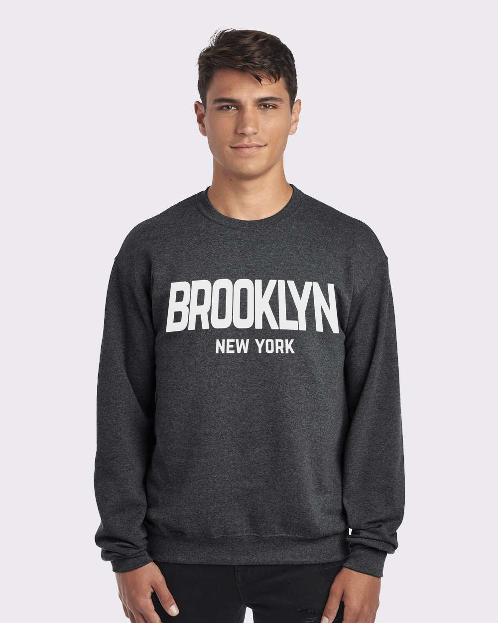 Brooklyn Retro White Design Custom Crewneck Sweatshirt Charcoal Heather