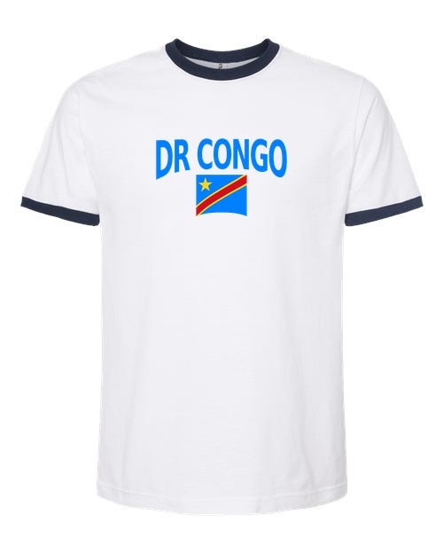 DR Congo Soccer Ringer Tee 2026 — Classic Name & Flag | NYC Factory - white_navy