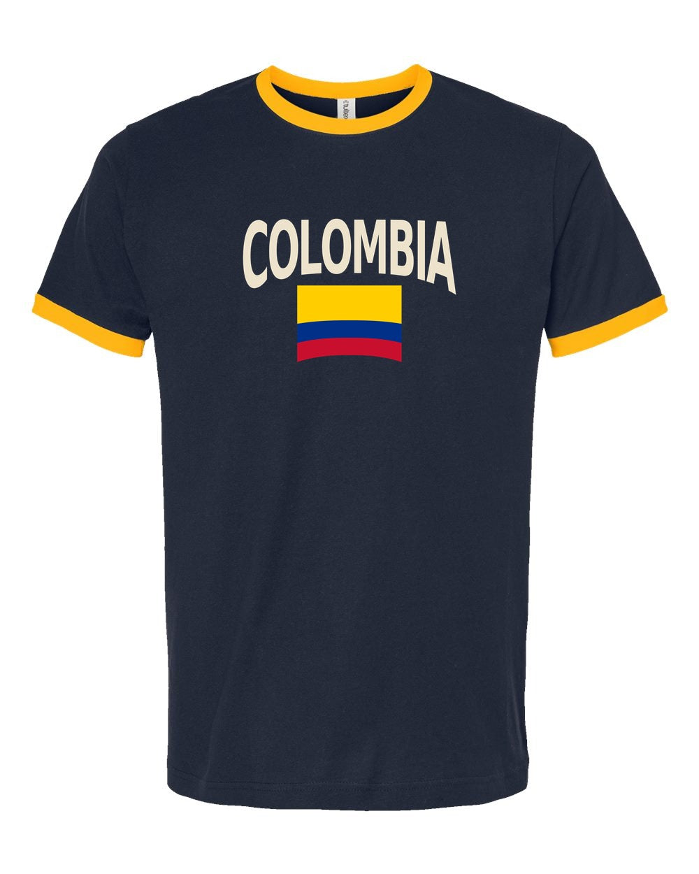 Colombia Soccer Ringer Tee 2026 — Classic Name & Flag | NYC Factory - navy_gold