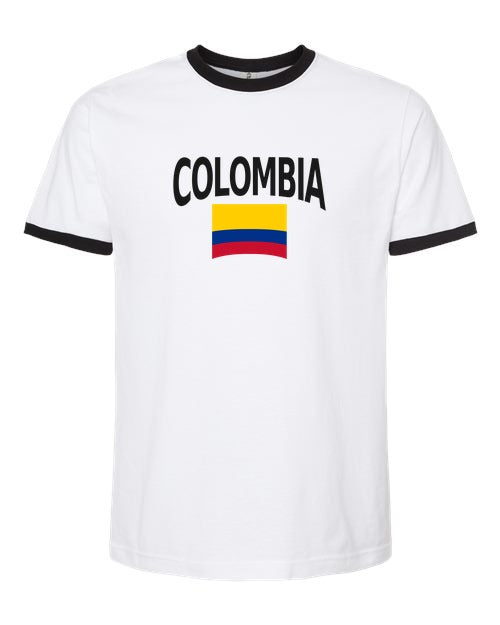 Colombia Soccer Ringer Tee 2026 — Classic Name & Flag | NYC Factory - White/Black