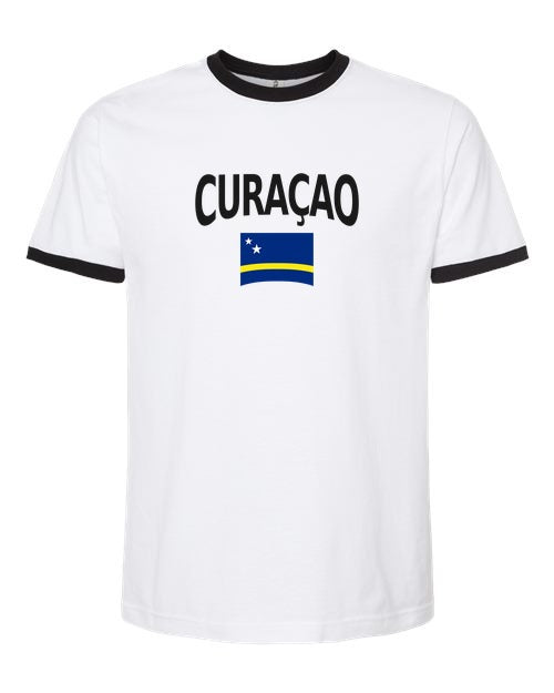 Curaçao Soccer Ringer Tee 2026 — Classic Name & Flag | NYC Factory - White/Black