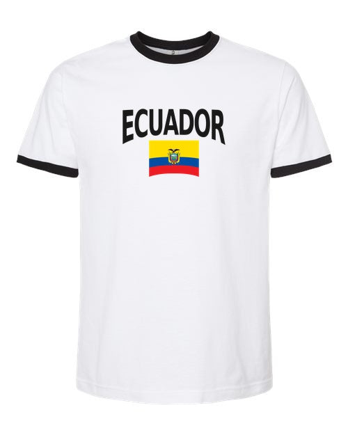 Ecuador Soccer Ringer Tee 2026 — Classic Name & Flag | NYC Factory - White/Black