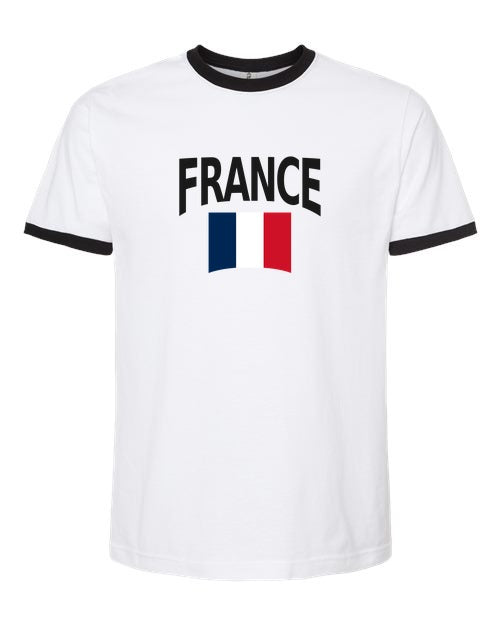 France Soccer Ringer Tee 2026 — Classic Name & Flag | NYC Factory - White/Black