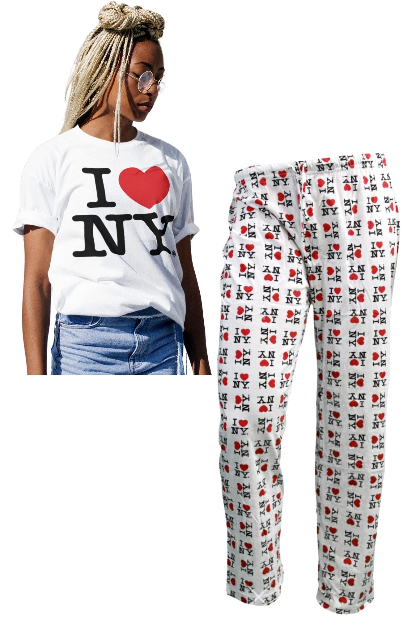 I Love NY Adult Unisex T-shirt and Lounge Pants Set (White)