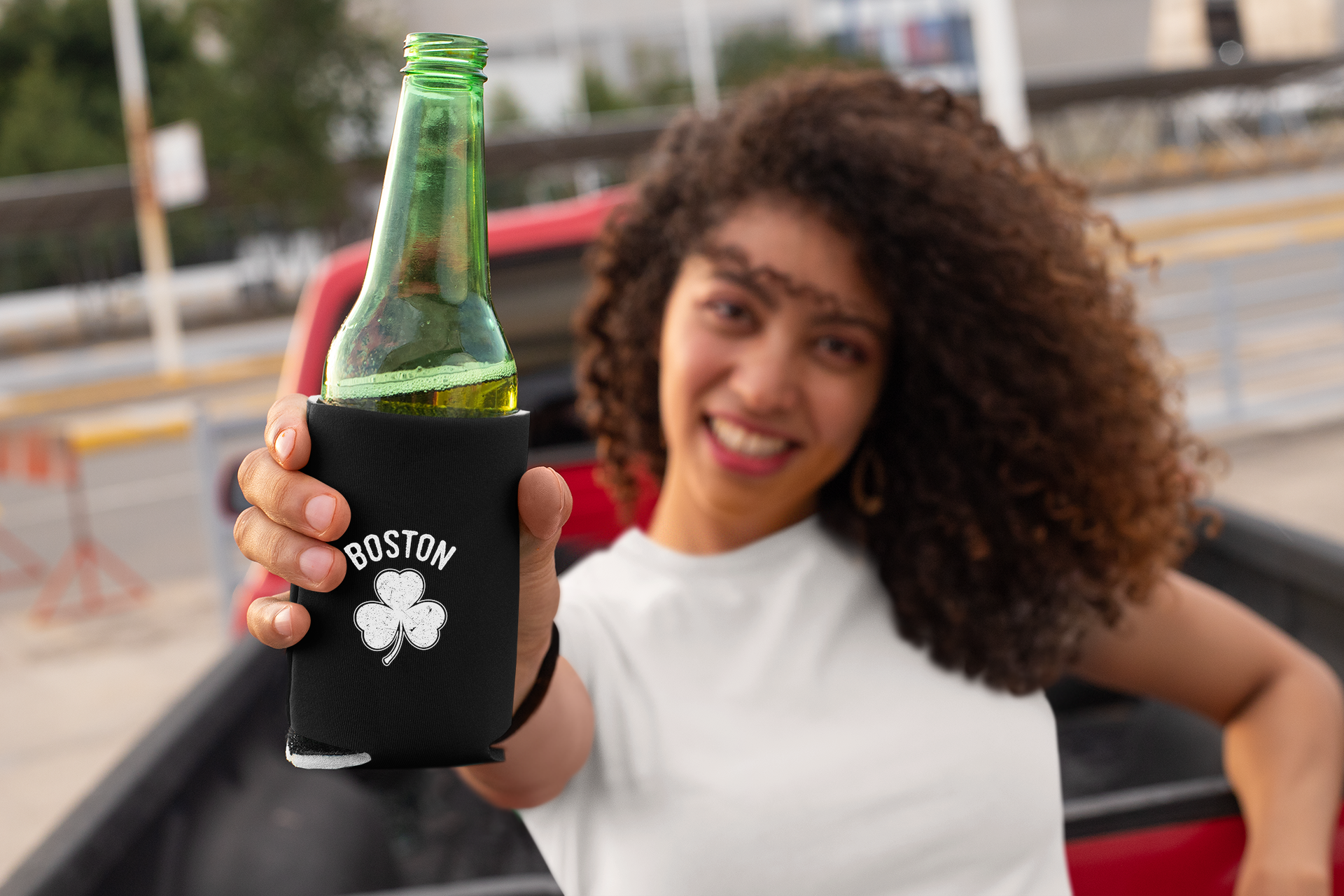 Irish Boston Shamrock White Design Custom Can Coolers Promotional