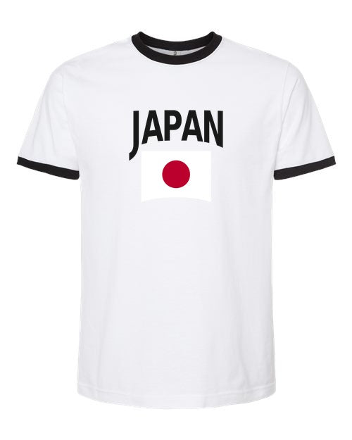 Japan Soccer Ringer Tee 2026 — Classic Name & Flag | NYC Factory - White/Black