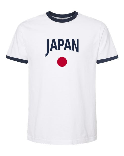 Japan Soccer Ringer Tee 2026 — Classic Name & Flag | NYC Factory - white_navy