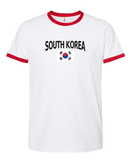 South Korea Soccer Ringer Tee 2026 — Classic Name & Flag | NYC Factory - white_red