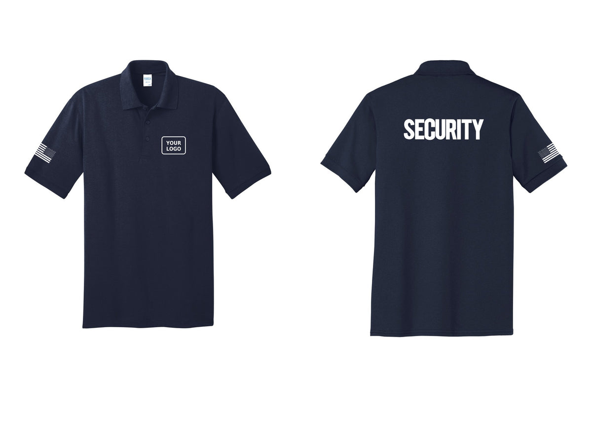NYC Factory Men's Custom Logo Security Polo Shirt - Your Logo + Back + US Flag Sleeve - Navy