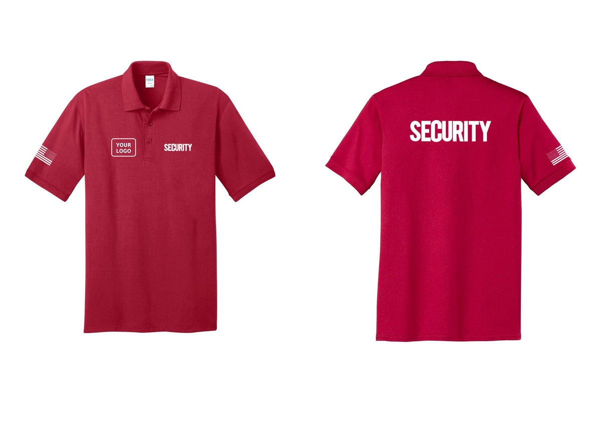 NYC Factory Men's Custom Logo Security Polo Shirt - SECURITY + Your Logo + Back + US Flag Sleeve - Red
