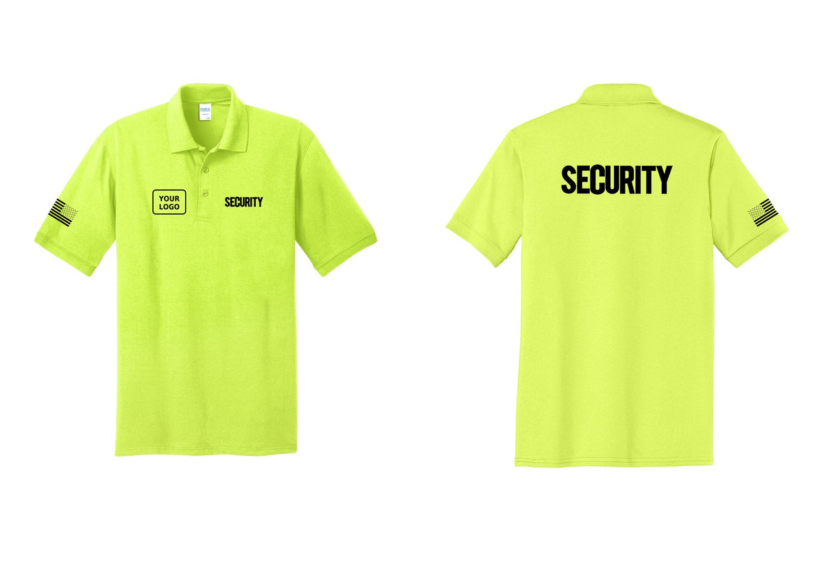 NYC Factory Men's Custom Logo Security Polo Shirt - SECURITY + Your Logo + Back + US Flag Sleeve - Safety Green