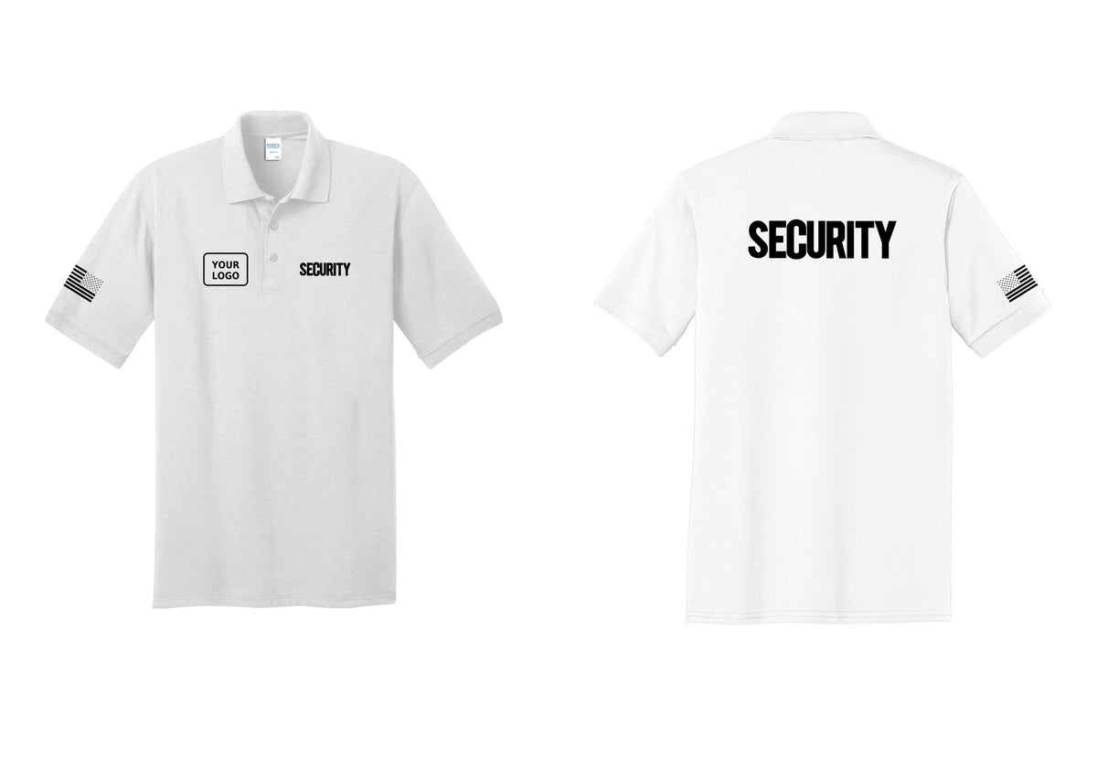 NYC Factory Men's Custom Logo Security Polo Shirt - SECURITY + Your Logo + Back + US Flag Sleeve - White