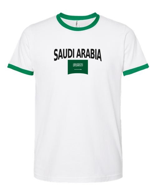 Saudi Arabia Soccer Ringer Tee 2026 — Classic Name & Flag | NYC Factory - white_green