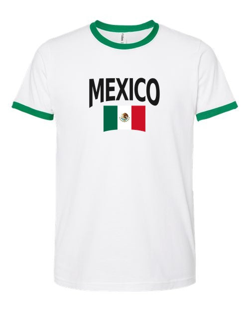 Mexico Soccer Ringer Tee 2026 — Classic Name & Flag | NYC Factory - white_green