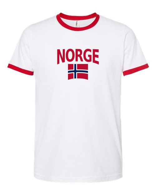 Norway Soccer Ringer Tee 2026 — Classic Name & Flag | NYC Factory - white_red