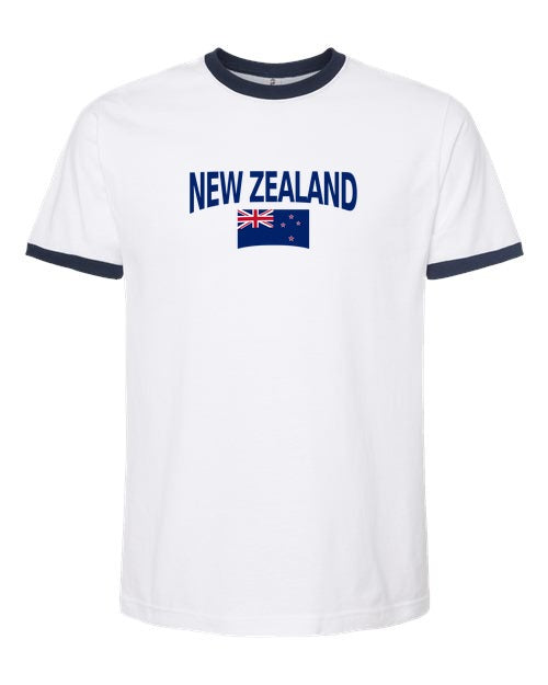 New Zealand Soccer Ringer Tee 2026 - Classic Name & Flag | NYC Factory - White/Navy