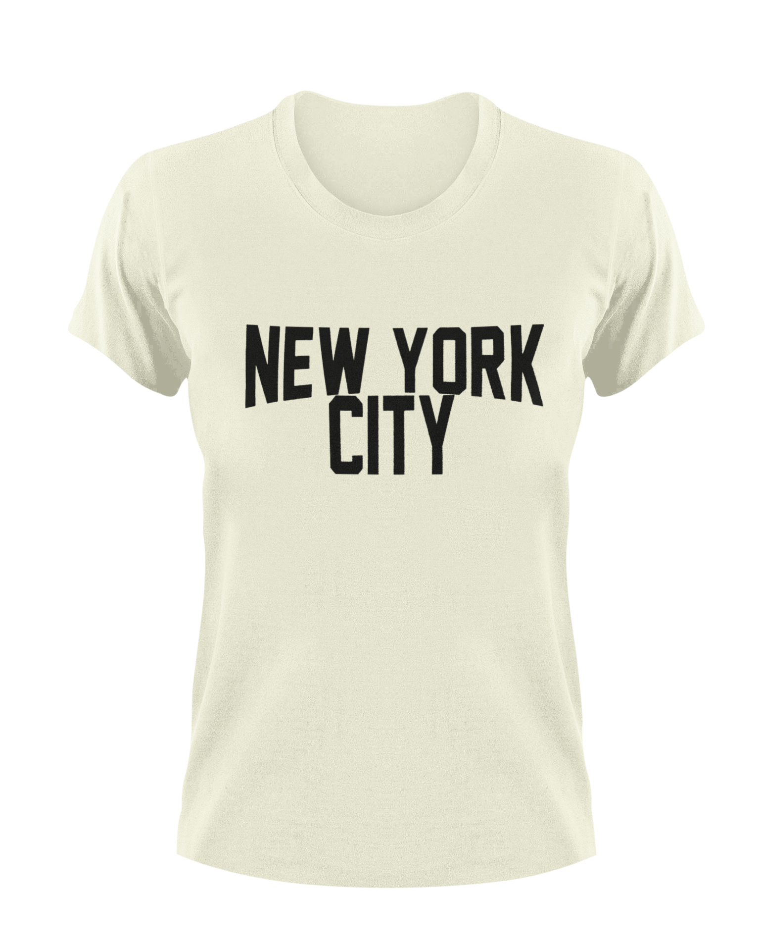 Beige t-shirt with 'New York City' text on a white background