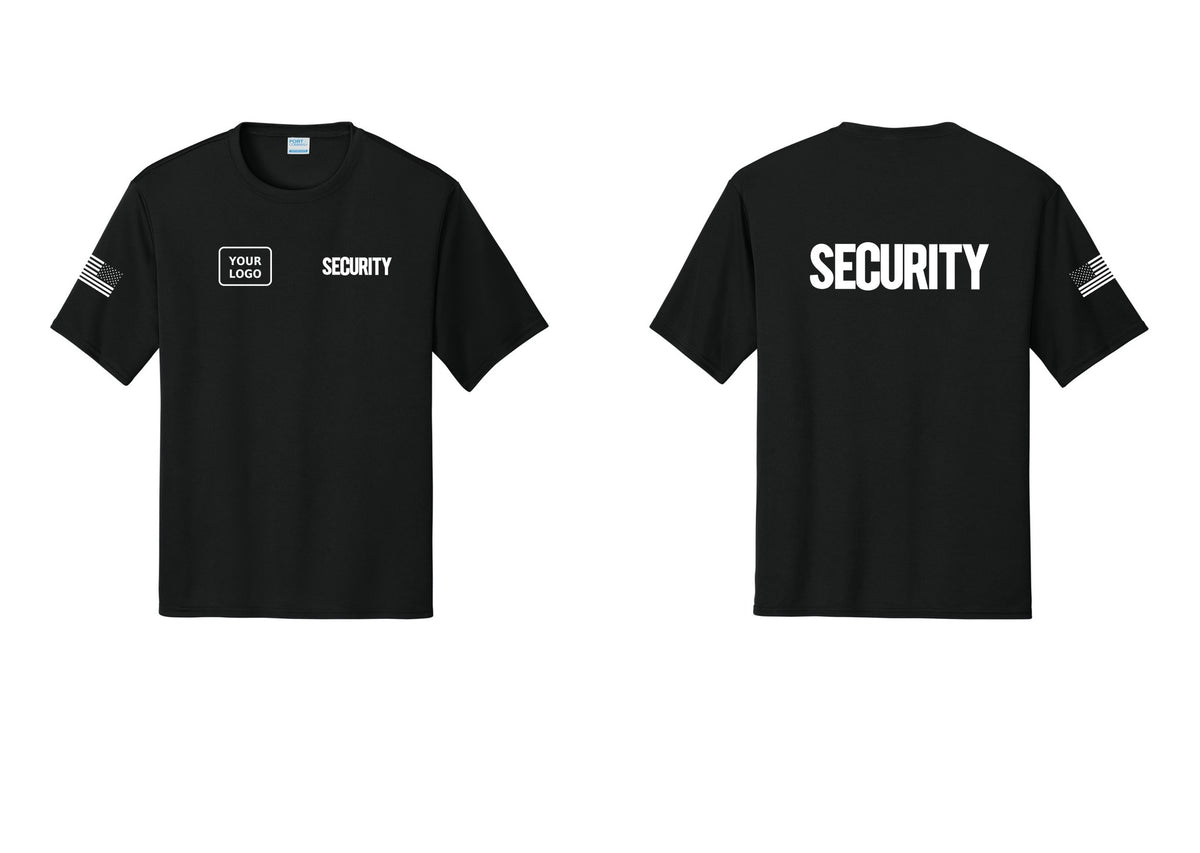NYC Factory Men's Custom Logo Security Performance T-Shirt - SECURITY + Your Logo + Back + US Flag Sleeve - Black