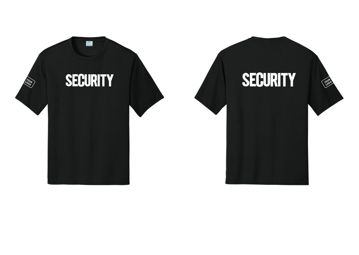 NYC Factory Men's Custom Logo Security Performance T-Shirt - Front + Back + Your Logo Sleeve - Black