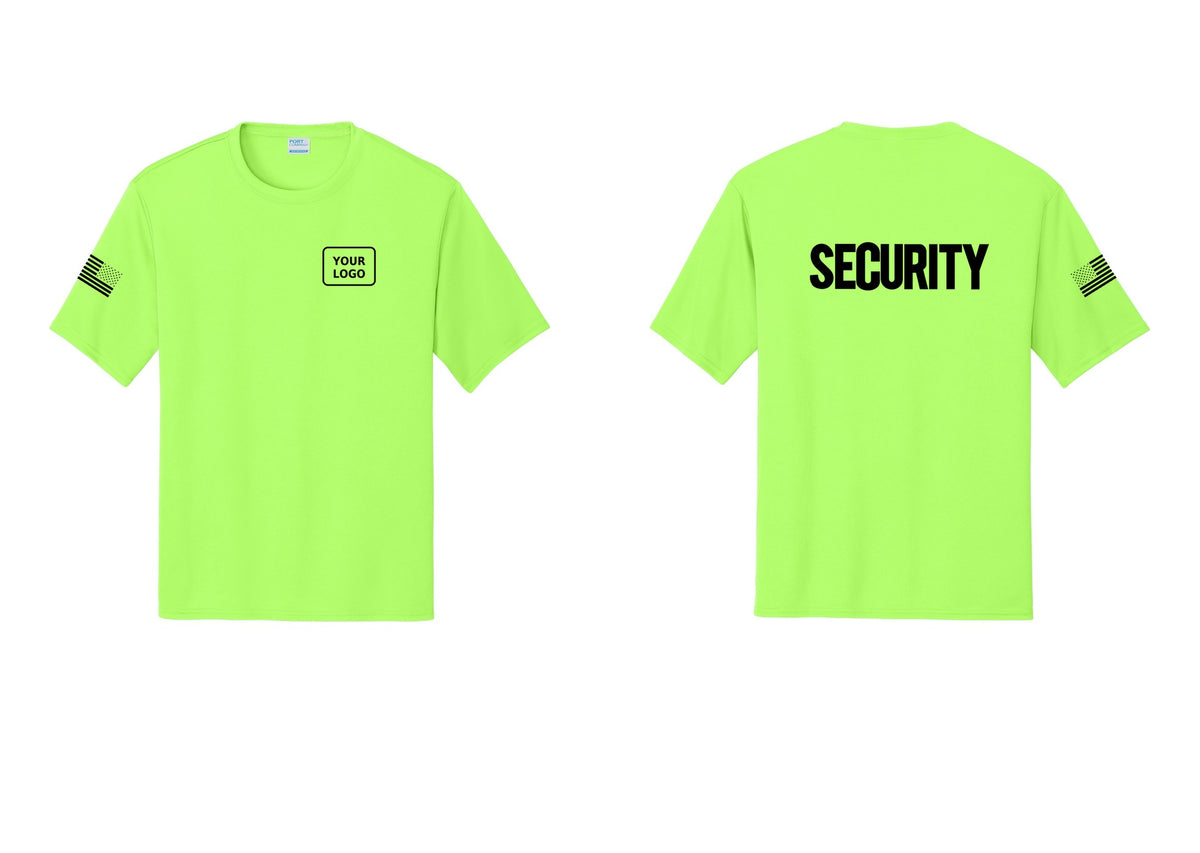 NYC Factory Men's Custom Logo Security Performance T-Shirt - Your Logo + Back + US Flag Sleeve - Neon Green