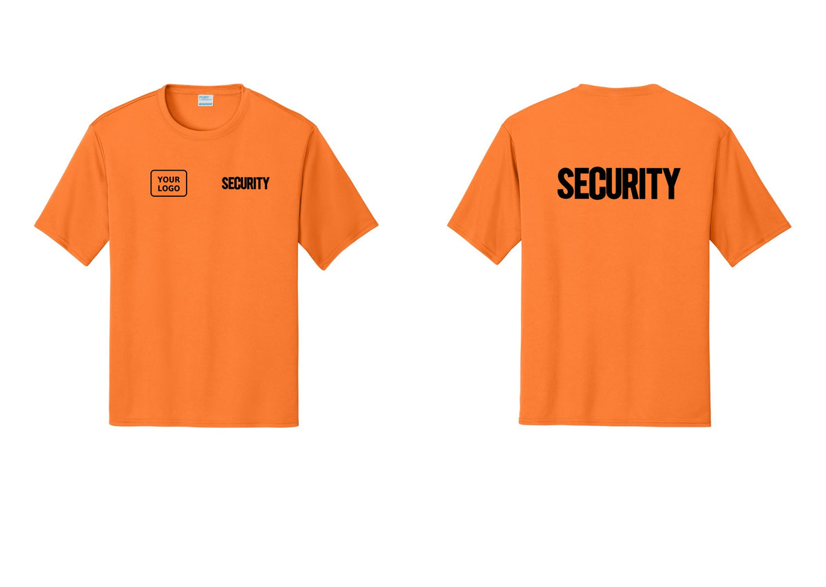 NYC Factory Men's Custom Logo Security Performance T-Shirt - SECURITY + Your Logo + Back - Neon Orange