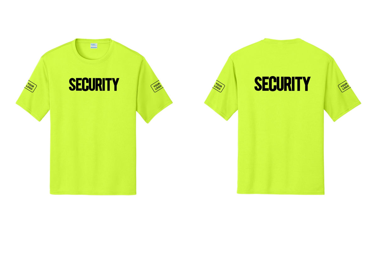 NYC Factory Men's Custom Logo Security Performance T-Shirt - Front + Back + Your Logo Sleeves - Neon Yellow