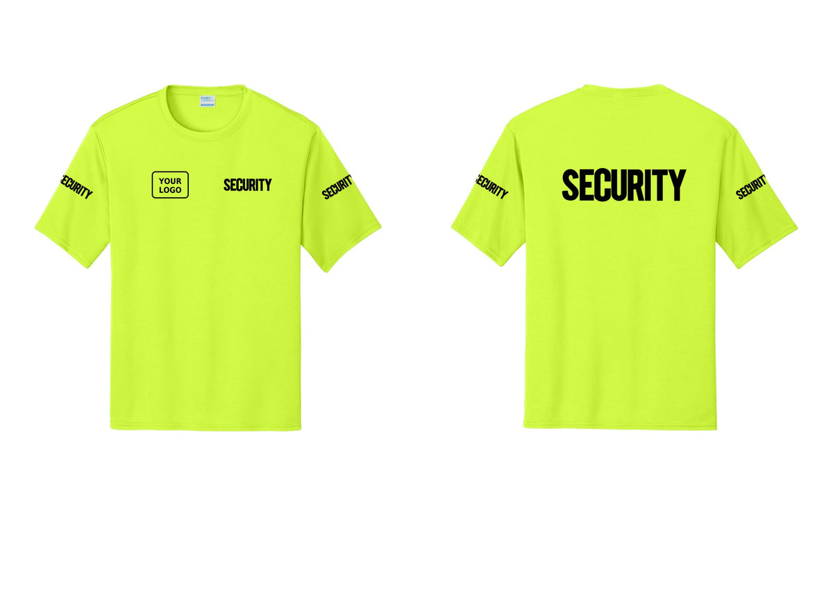 NYC Factory Men's Custom Logo Security Performance T-Shirt - SECURITY + Your Logo + Back + Security Sleeves - Neon Yellow