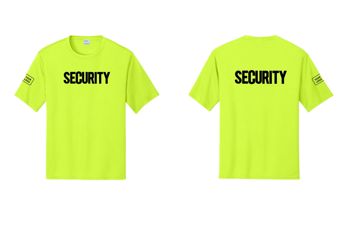 NYC Factory Men's Custom Logo Security Performance T-Shirt - Front + Back + Your Logo Sleeve - Neon Yellow