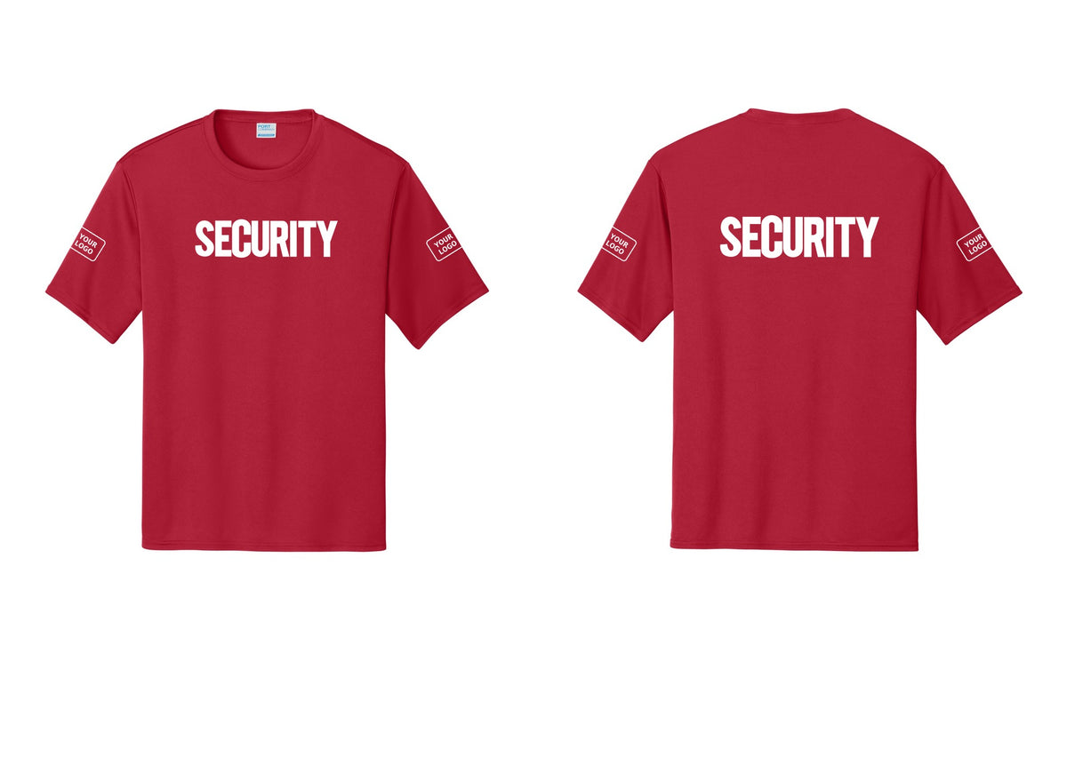 NYC Factory Men's Custom Logo Security Performance T-Shirt - Front + Back + Your Logo Sleeves - Red