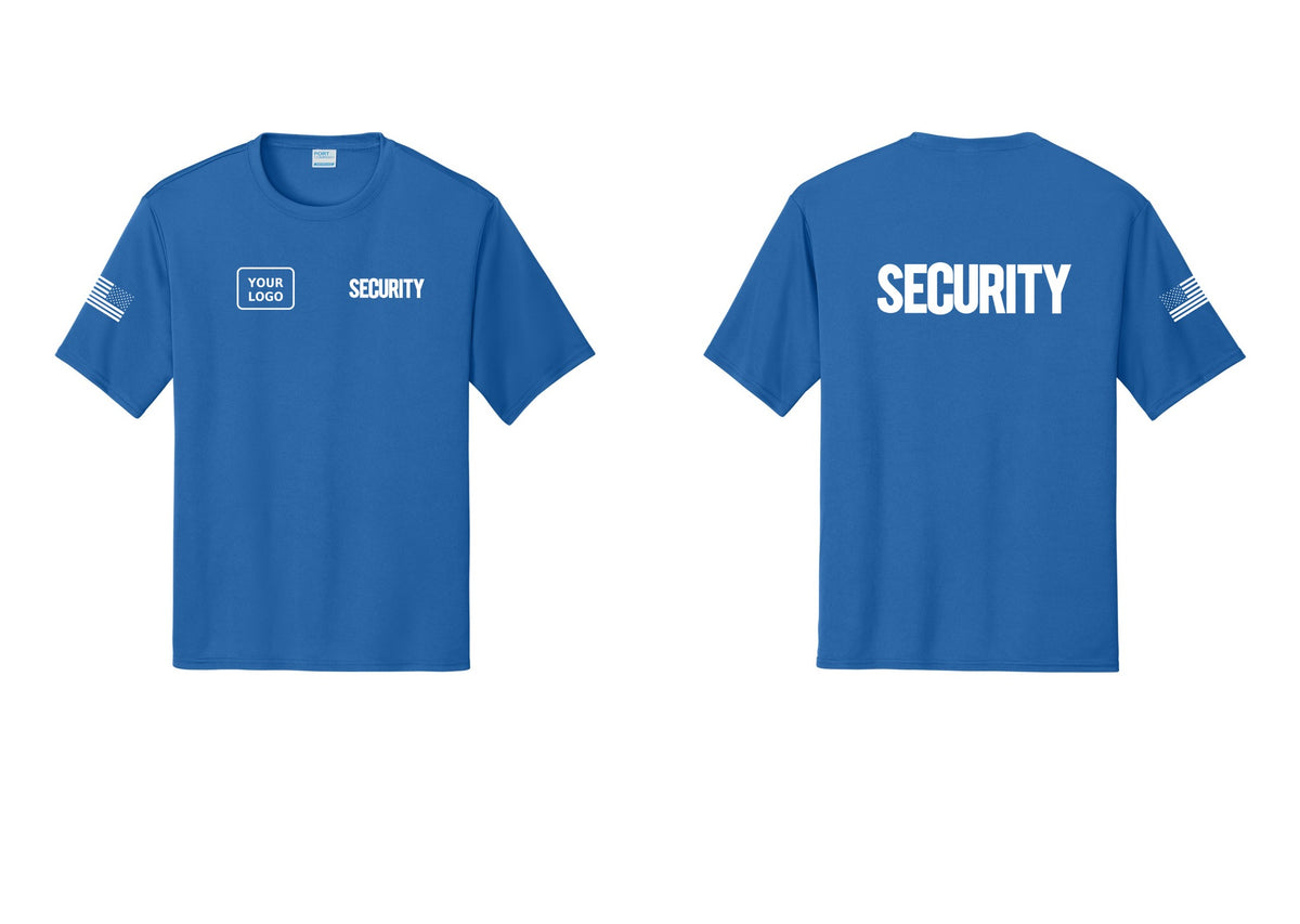 NYC Factory Men's Custom Logo Security Performance T-Shirt - SECURITY + Your Logo + Back + US Flag Sleeve - Royal