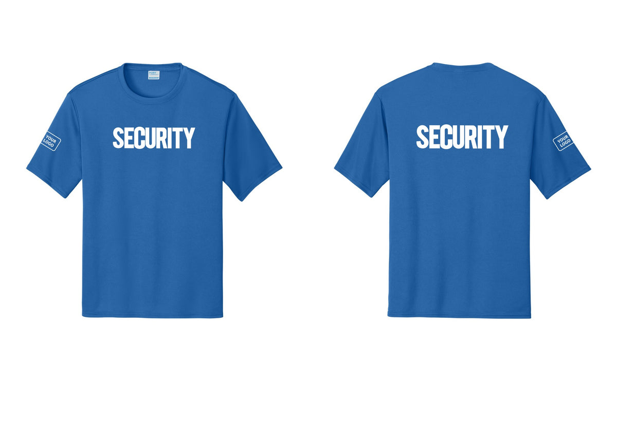 NYC Factory Men's Custom Logo Security Performance T-Shirt - Front + Back + Your Logo Sleeve - Royal
