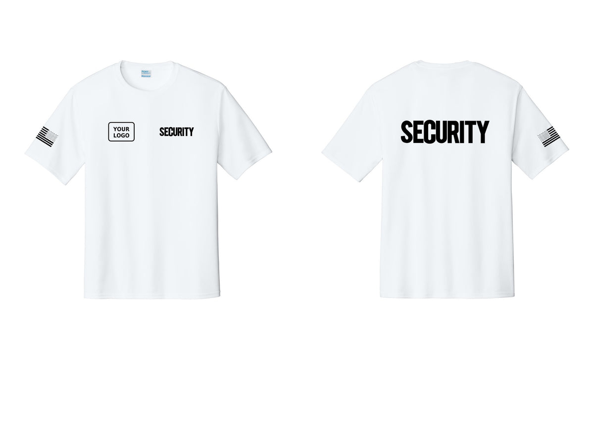 NYC Factory Men's Custom Logo Security Performance T-Shirt - SECURITY + Your Logo + Back + US Flag Sleeve - White