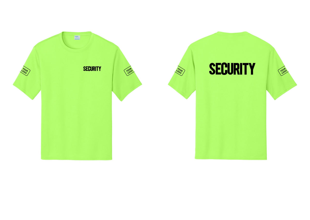 NYC Factory Men's Custom Logo Security Performance T-Shirt - Chest + Back + Your Logo Sleeves - Neon Green