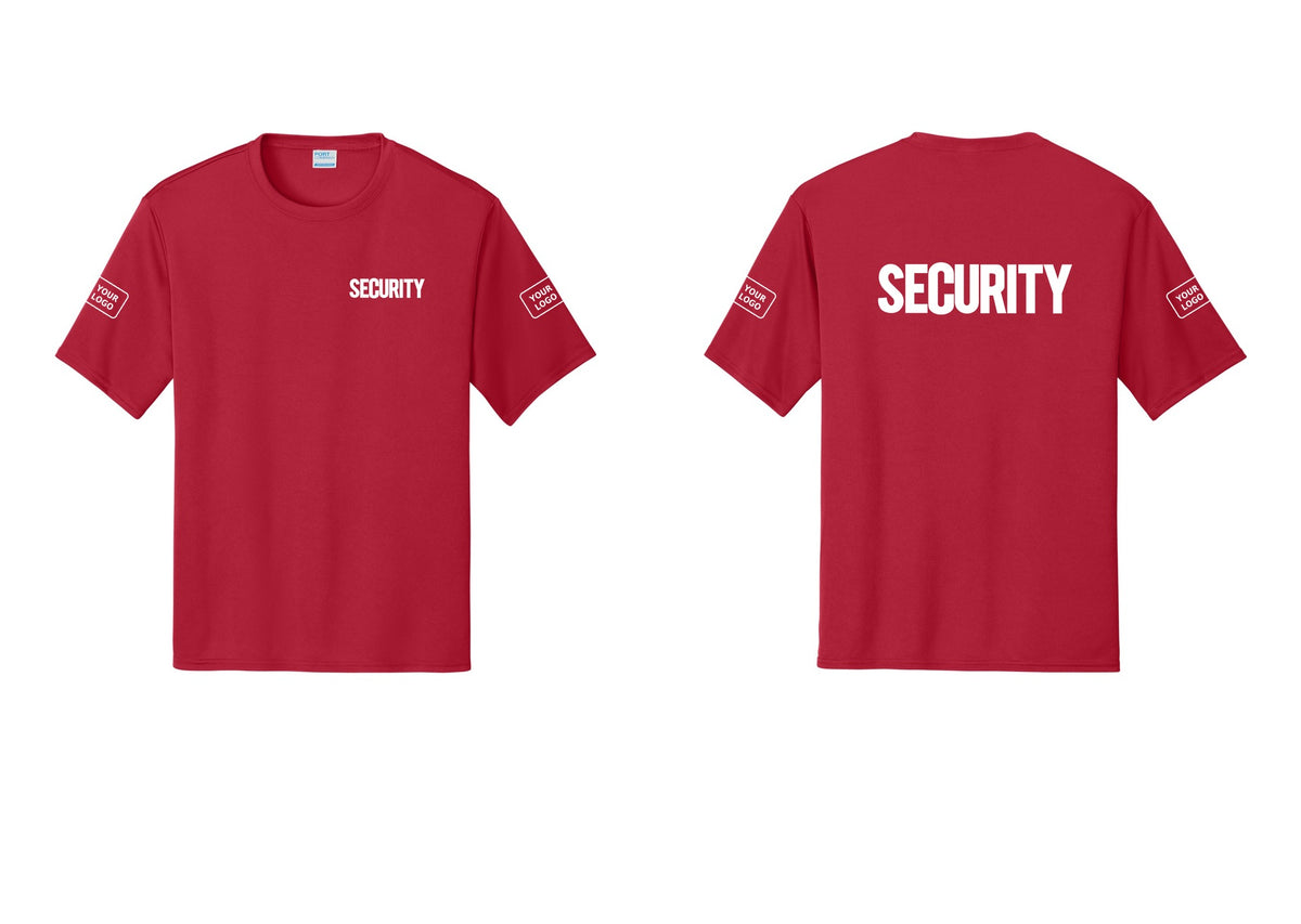 NYC Factory Men's Custom Logo Security Performance T-Shirt - Chest + Back + Your Logo Sleeves - Red