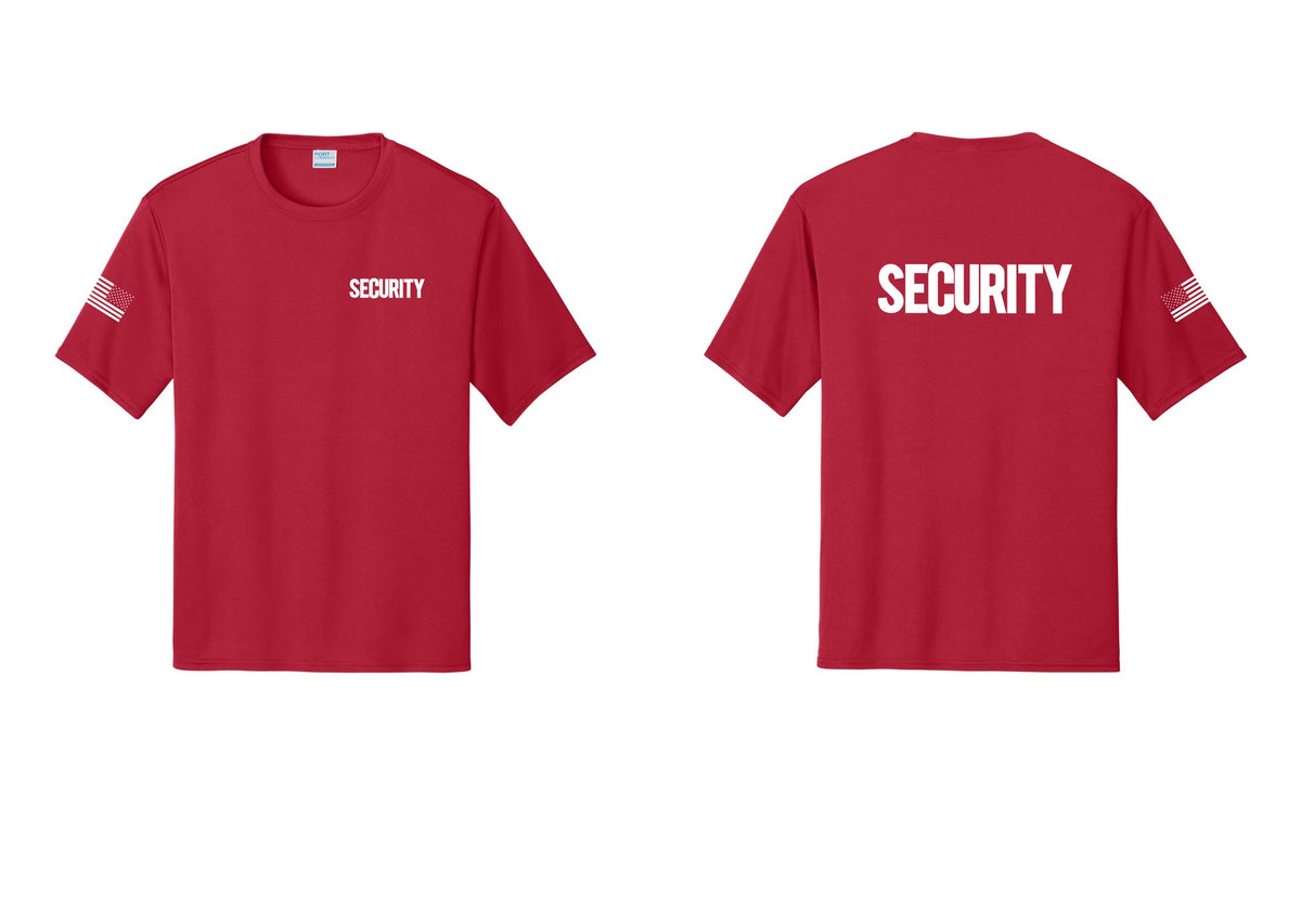 NYC Factory Men's Security Performance T-Shirt - Chest + Back + US Flag Sleeve - Red