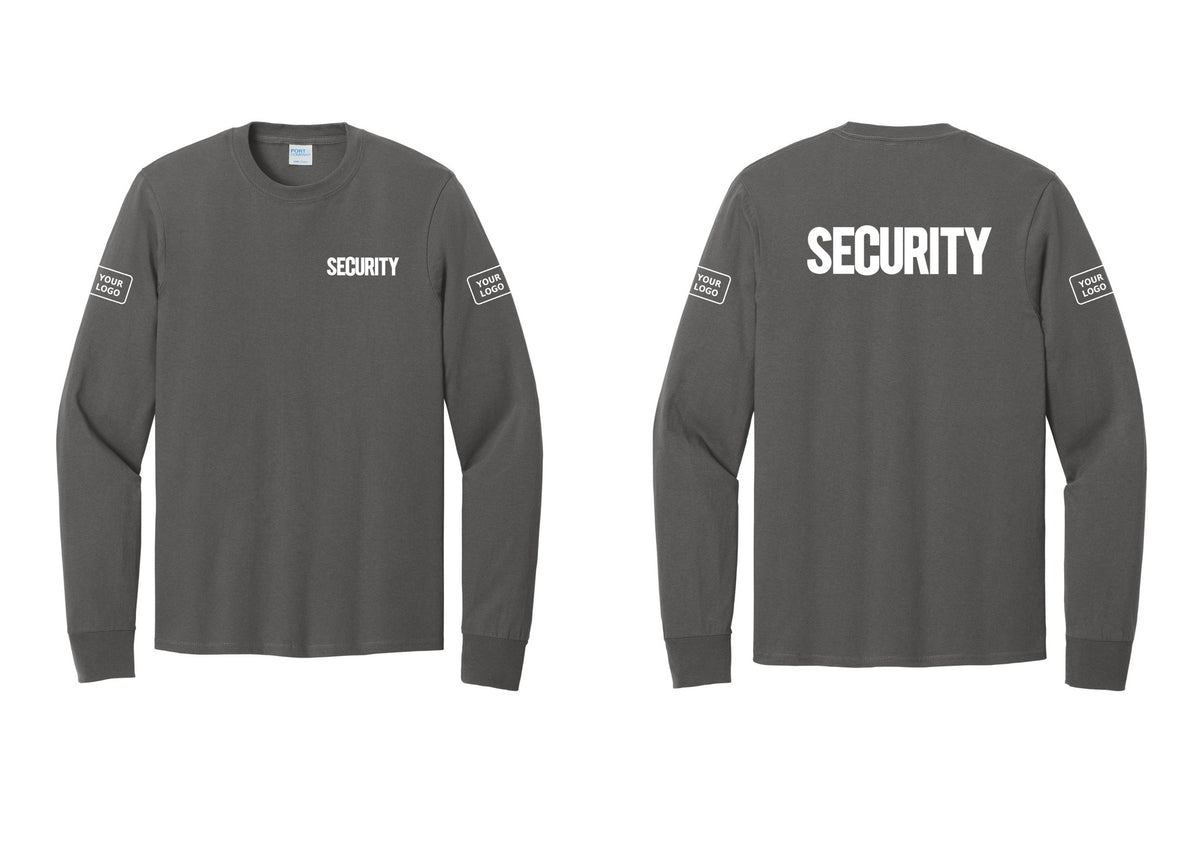 NYC Factory Men's Custom Logo Security Cotton Long Sleeve T-Shirt - Chest + Back + Your Logo Sleeves - Charcoal