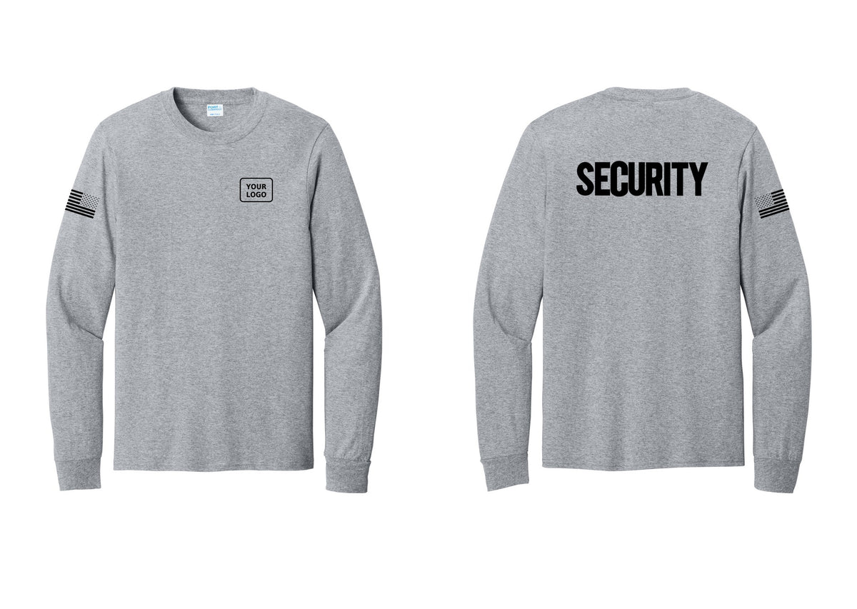NYC Factory Men's Custom Logo Security Cotton Long Sleeve T-Shirt - Your Logo + Back + US Flag Sleeve - Athletic Heather