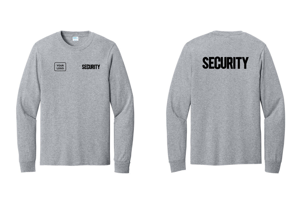 NYC Factory Men's Custom Logo Security Cotton Long Sleeve T-Shirt - SECURITY + Your Logo + Back - Athletic Heather