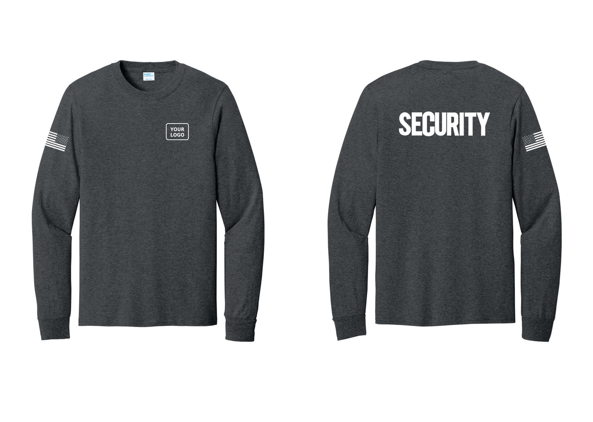 NYC Factory Men's Custom Logo Security Cotton Long Sleeve T-Shirt - Your Logo + Back + US Flag Sleeve - Dark Heather Grey